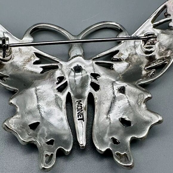 Vintage Silver Tone Monet Enamel Rhinestone Butterfly Brooch Pin, 2.5" - Picture 5 of 5